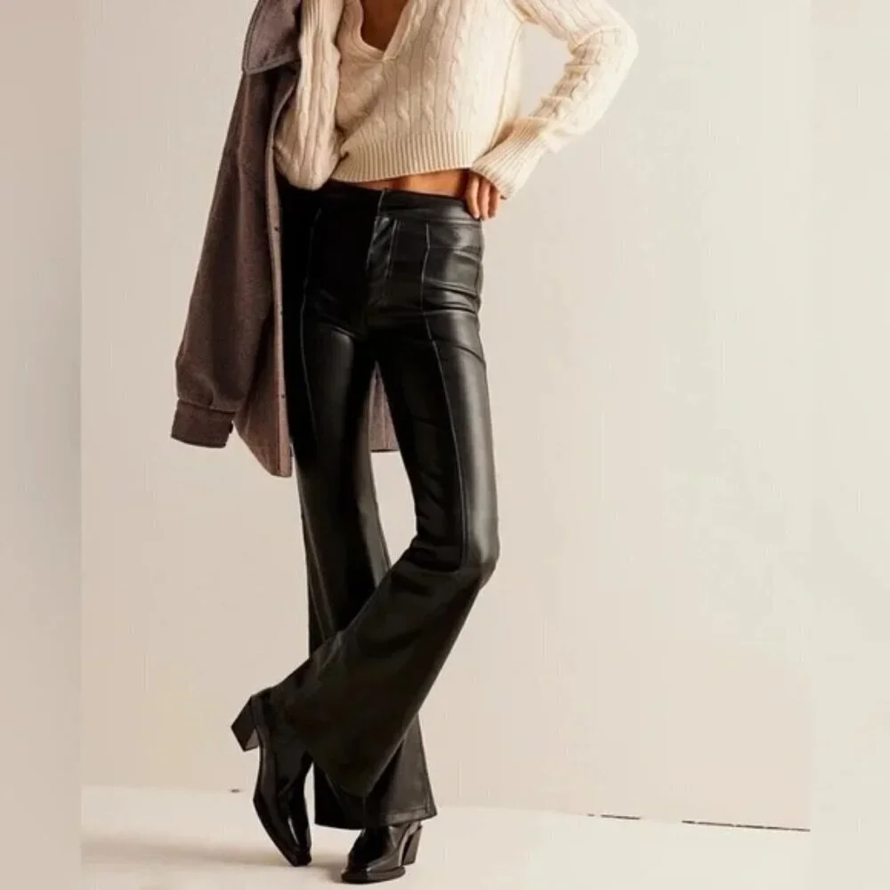 WE THE FREE UPTOWN BLACK VEGAN LEATHER HIGH RISE SLIM FLARE PANTS TROUSERS EUC 4